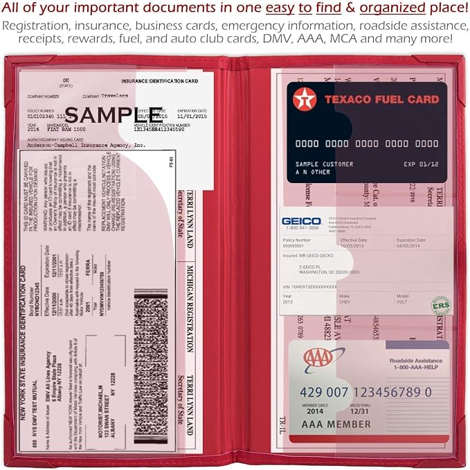 PlusXpres Auto Insurance and Registration Card Holder - Vehicle Glove Box Document Organizer - Car Essential Paperwork Holder for DMV, AAA, Contact Information Cards - BEIGE + RED + BLUE BUNDLE