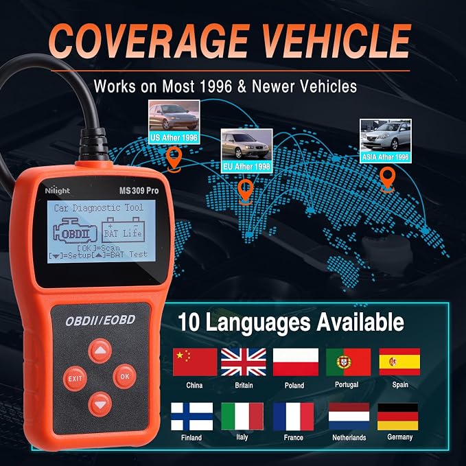 Nilight MS309pro Classic Universal OBD2 Scanner - Upgraded 2.4" Screen Car Engine Fault Code Reader - Reliable CAN Diagnostic Scan Tool to Read and Clear Error Codes Fast, All Vehicles After 1996