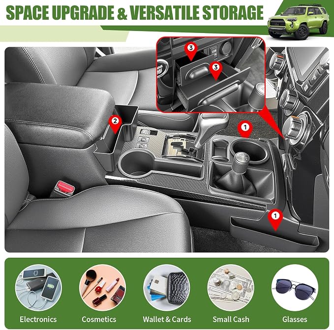 Center Console Organizer for 2014-2024 Toyota 4Runner Upgraded Hanging Armrest Box Extra Storage Drawer Inserts Tray for 4 Runner Accessories(Fit 14-24/Hanging+Shifter+Drawer Organizer)