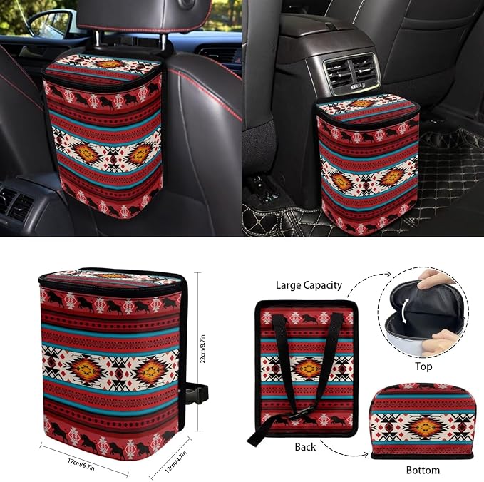 Wolf Tribal Aztec Car Seat Covers Set of 15 with Universal Steering Wheel Cover, Rearview Mirror Cover, Car Trash Can, Seatbelt Pads, Cup Holder Coasters, Keychains