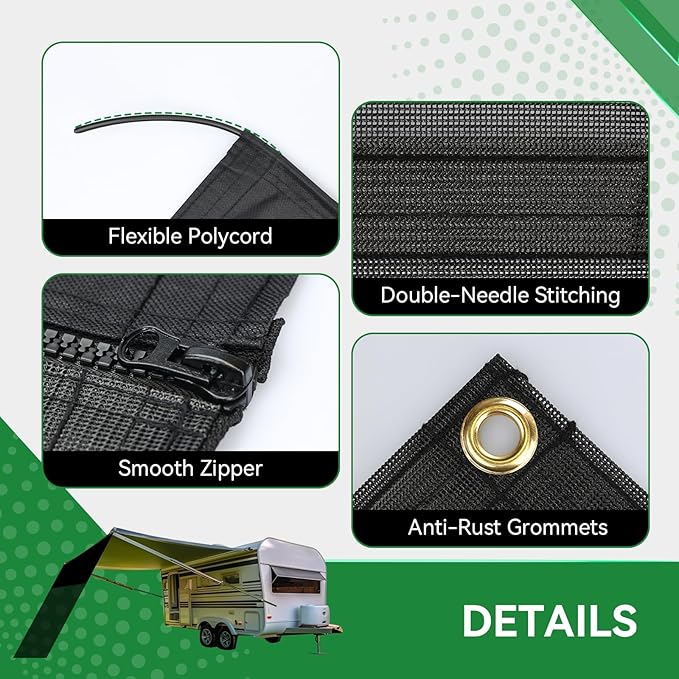 RV Awning Shade Screen with Zipper 9' x 17'3'', 600D Oxford Top + Mesh Bottom, RV Sun Shade Screen for Awning, RV Shade Complete Kits for Trailer Camper