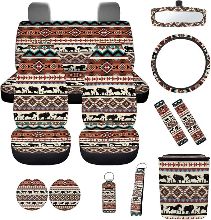 Western Nations 12 Pack Car Accessories Set Steering Wheel Cover Car Seat Belt Cover Trash Can Rear View Mirror Cover Cup Coasters Keychain Holder Keychains