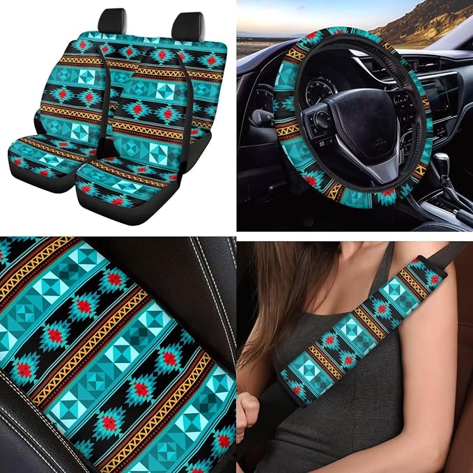 Tribe Aztec Car Seat Covers Sets 12 Pieces Center Console Cover Car Steering Wheel Cover Seat Belt Pads Car Interior Accessories Universal Fit for Cars SUV