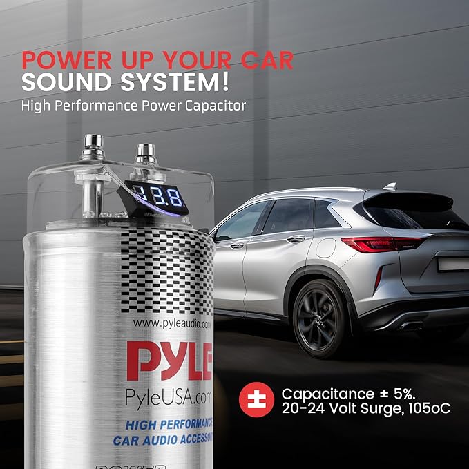 Pyle 5.0 Farad Digital Power Capacitor - High-Performance Car Audio Accessory with Blue Digital Display, Voltage Readout, Over Voltage Protection, Mounting Hardware, DC 12-24V - PLCAPE50