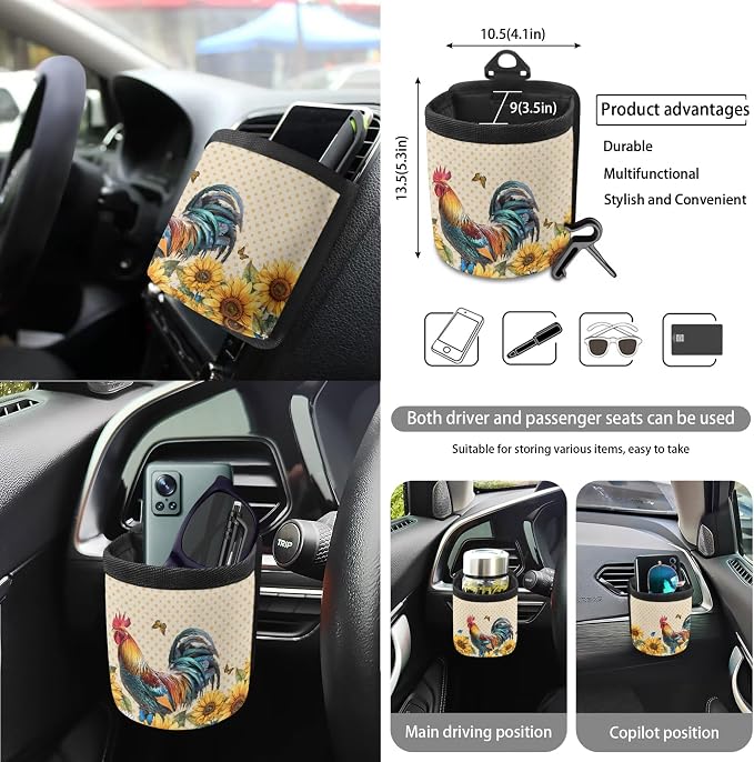 Chicken Butterfly Sunflower Dot Print 15 Pack Car Seat Covers Set Steering Wheel Cover Seat Belt Strap Pad Garbage Cans Air Vent Storage Holder Rearview Mirror Cover Coaster Keychain