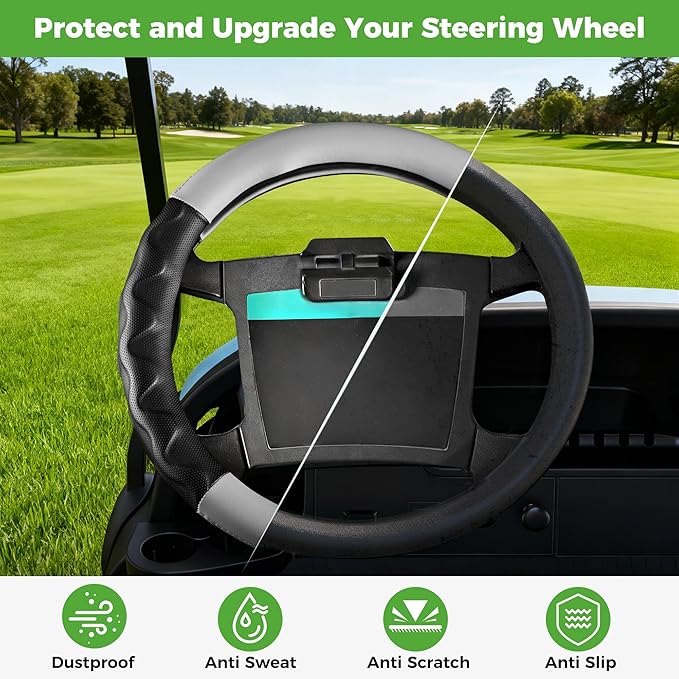 10L0L Golf Cart 14" Steering Wheel Cover for Club Car DS Precedent and Yamaha Models, Breathable Rubber Leather Materials,Good Texture Nice Look（Black+Grey）