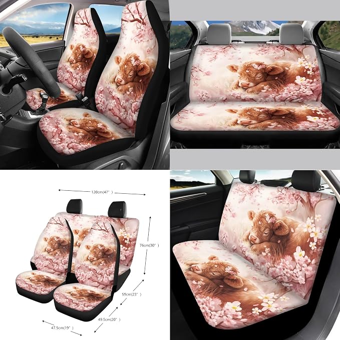 Highland Cattle Cherry Blossom Print 15 Pack Car Seat Covers Set with Steering Wheel Cover Seatbelt Strap Cover Rearview Mirror Covers Cup Coasters Air Vent Storage Bag Trash Bag Key Chain