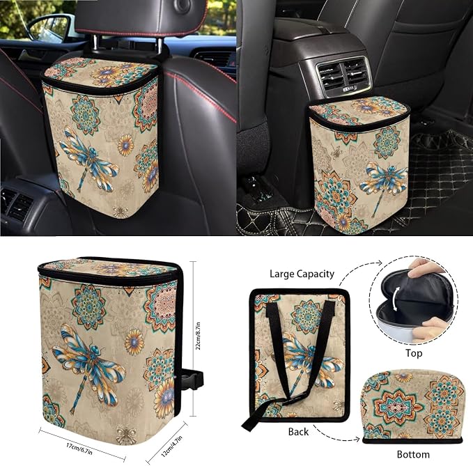15Pcs Car Seat Cover Full Set Car Steering Wheel Cover Seat Belt Cover Trash Bin Air Vent Storage Box Front Rear View Mirror Car Cup Holder Keychain, Dragonfly Boho Mandala Beige