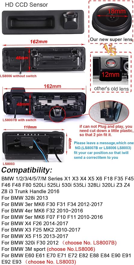 HD 720p Night Vision Car Trunk Handle Rear View Backup Camera Replacement for BMW M Series X1 X3 X4 X5 X6 F18 F35 F45 F46 F48 F80 520Li 525Li 530i (NO.LS8006=162 * 48mm,no Switch Button)