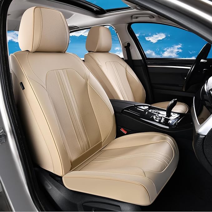 Huidasource Beige Seat Covers, Luxury Faux Leather Car Seat Cover, Velcro Adjustable, with Airbags, Seat Belts, Thinning Design Perforation Cooling＆Heating Fit for Most Cars, Vans, Trucks, SUVs, Beige