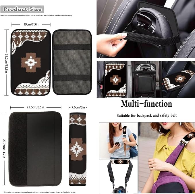 Dreaweet Native American Car Seat Covers Full Set 12 Pcs Aztec Tribal Geometric Car Steering Wheel Cover/Armrest Cover/Seatbelt Covers/Cup Coasters/Gear Shift Cover/Handbrake Cover,Universal Fit
