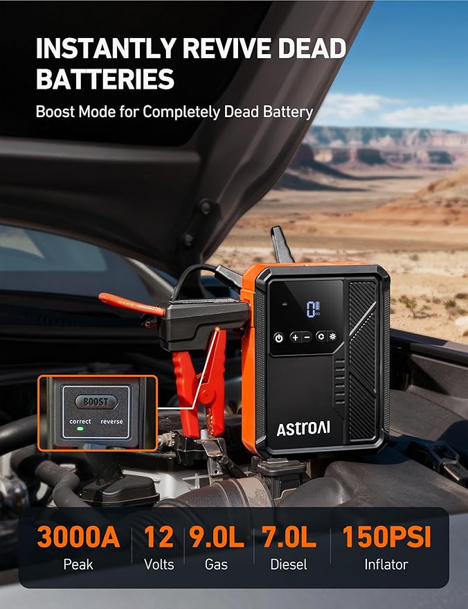 AstroAI Beta822 3000A Jump Starter with Air Compressor, 150PSI Portable Tire Inflator with Auto-Shutoff, 12V Car Battery Booster (9.0 Gas/7.0L Diesel) with LED Light and Jumper Cables, Black