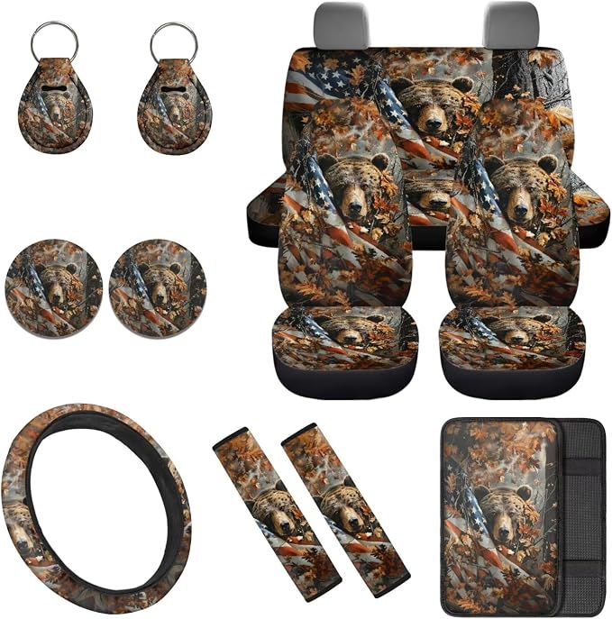 Camouflage Bear 12 Pack Car Seat Covers Full Set with Steering Wheel Cover Arm Rest Cover Car Cup Coasters Auto Seat Belt Cover Easy to Install Universal Fit for Vehicles,Cars,Suvs