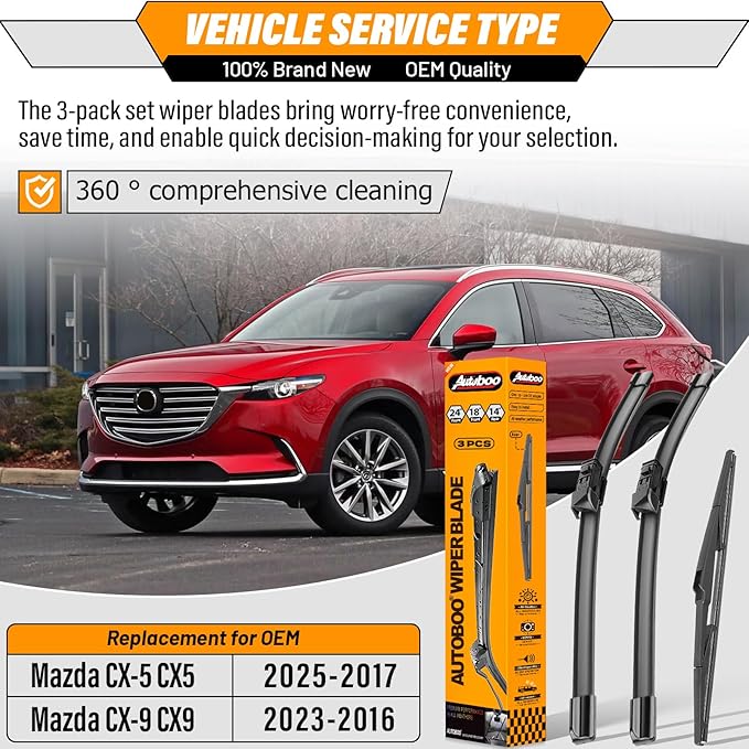 AUTOBOO 24"+18" Windshield Wipers with 14" Rear Wiper Blade Replacement for Mazda CX-5 CX-9 CX5 CX9 2017 2018 2019 2020 2021 2022 2023 2024 2025-Original Factory Quality (Pack of 3)