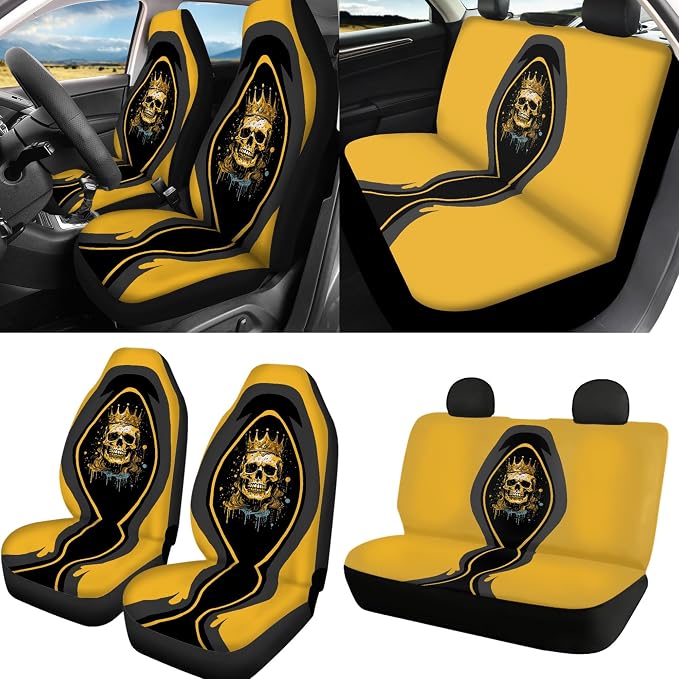 9 Piece Skull King Print Auto Car Seat Cover Set Stretchy Car Seat Cover for Front Rear Seat Cover with Steering Wheel Cover Seat Belt Pads, Yellow