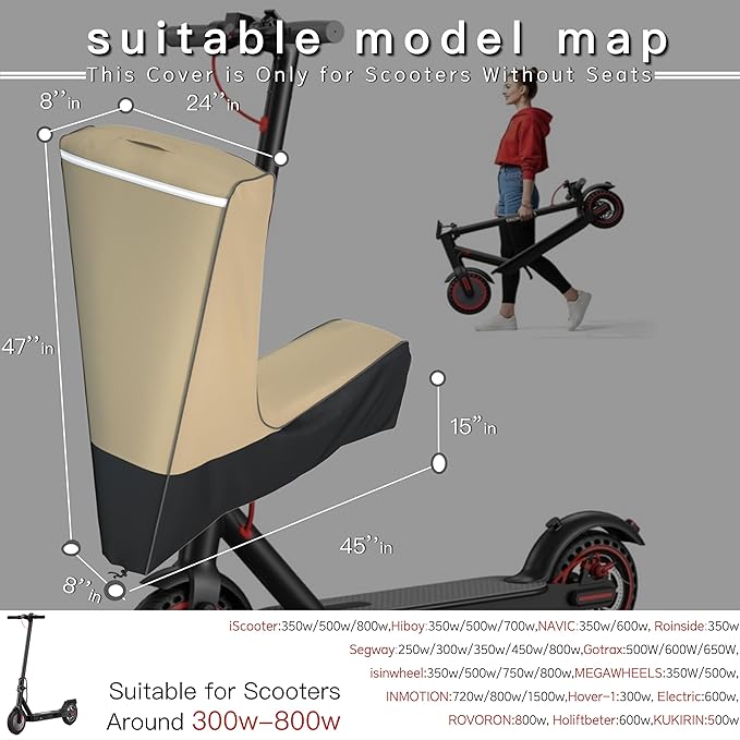 Electric Scooter Cover (300W-800W) - All Season Universal Fit, Better Fit Design,Heavy Duty Oxford Fabric,Dustproof Windproof Protection, (Khaki and Black)(47X24X45)