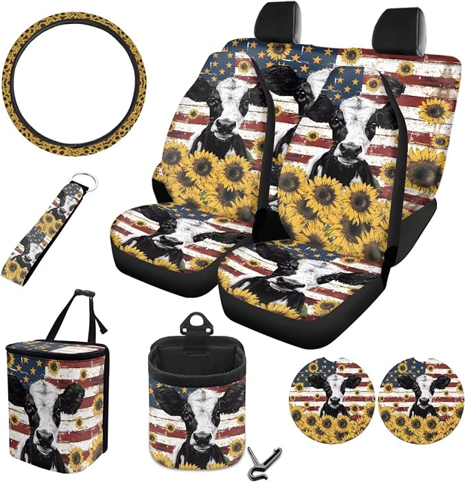 Cow Sunflower Amrican Flag Pattern Car Accessories Set of 10 Front and Back Seat Covers Cup Coasters Car Trash Can Steering Wheel Cover Keychain Air Vent Storage Bag Interior Covers for Auto
