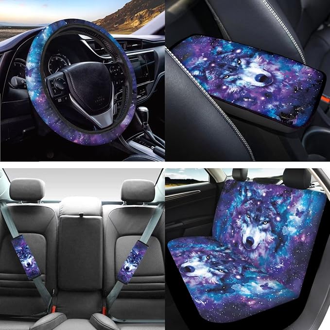 Mumeson Galaxy Wolf Car Seat Covers Set with Seat Belt Shoulder Pads/Steering Wheel Cover/Car Armrest Protcet Cushion Pad 8 Pack Car Accessories Interior Decor for Mens