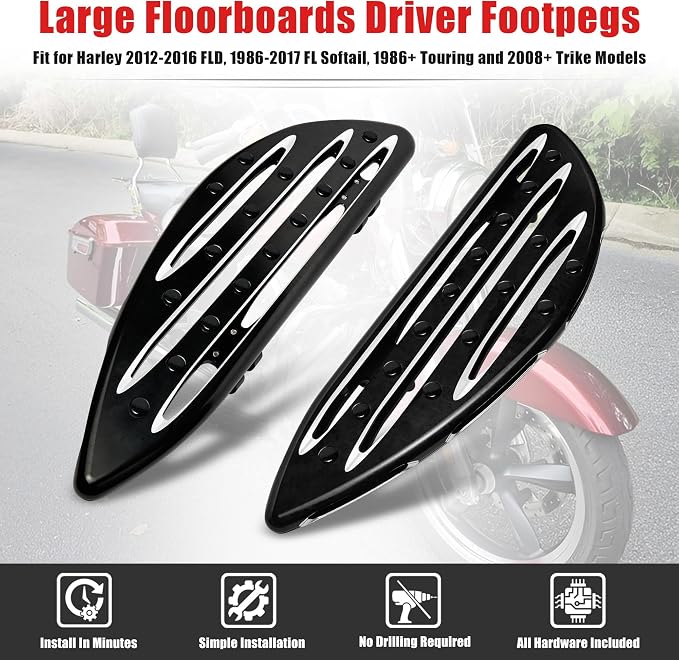 Goldfire Large Floorboards Driver Footpegs CNC Blade Aluminum Front Rider Foot Rest Pedal Motorcycle Accessories Fit for Harley Touring 1984-2017, Softail FL 1986-2017, Dyna FLD, Black