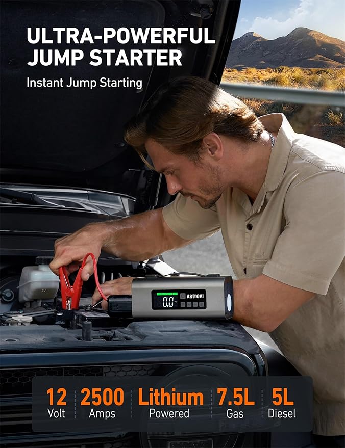 AstroAI 2500A Portable Car Battery Jump Starter with 150PSI Air Compressor 30W Quick Charger, 14800mAh Jump Box (7.5L Gas & 5.0L Diesel) 12V Jump Box with Booster, LED Light, Jumper Cables