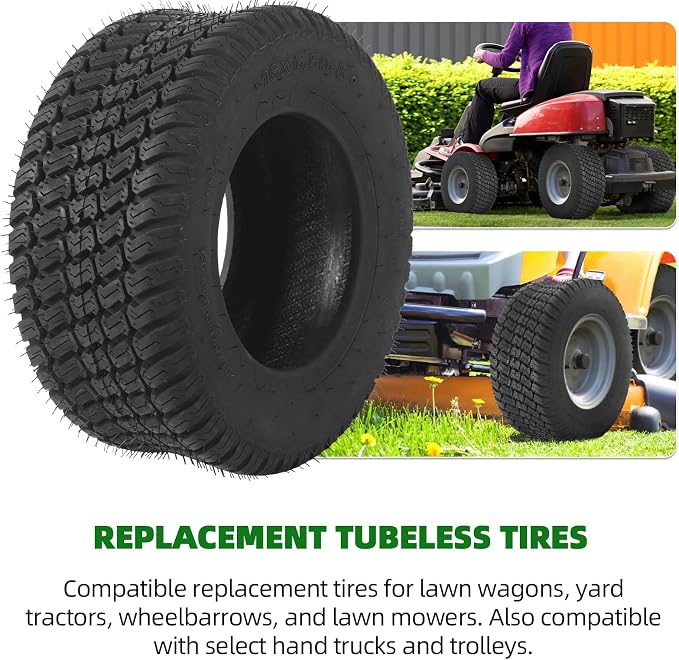 (2-Pack) 16x6.50-8 Tires - 4PR Durable Tubeless, Replacement Lawn Tractor Tires with Deep Ribbed Treads, Rim Not Included
