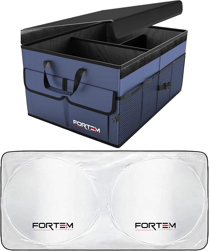 FORTEM Car Trunk Organizer (Blue, Large) + Large Windshield Sun Shade