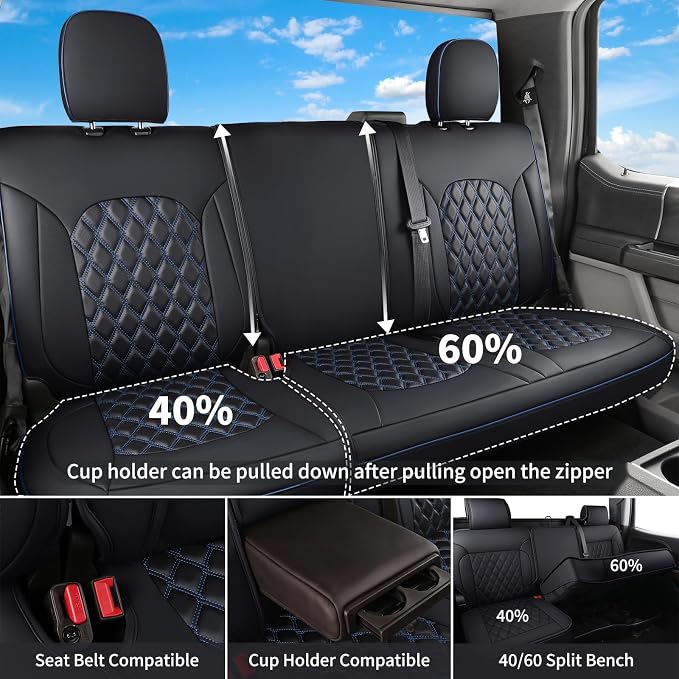 Huidasource Custom Fit Ford F150 Rear Bench Split Leather Seat Covers Fit for 2015-2026 F150 SuperCrew & 2017-2026 F250 F350 F450 Super Duty Crew Cab Pickup King Ranch Platinum(Back Row/Black&Blue)