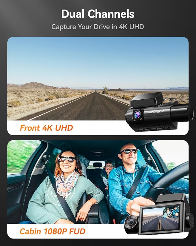 WOLFBOX i07 3 Channel Dash Cam Built-in WiFi GPS, 4K Dash Camera Front and Inside, 1440P+1080P+1080P Triple Car Camera with 3" LCD Screen,IR Night Vision, 24H Parking Mode(Card Not Included)