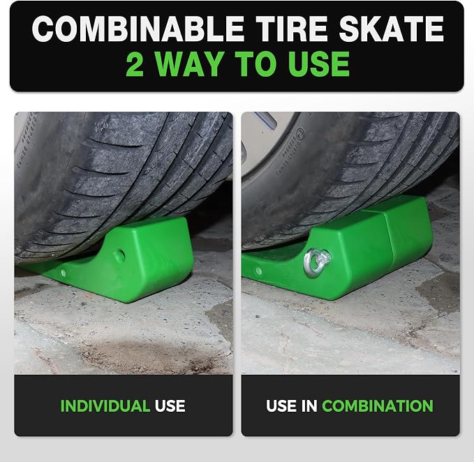 Tire Skates for Tow Truck 4-Pack 16,000lbs Heavy Duty Safety Green | Adjustable 3.2"-6.4" wide, rollback flatbed trailer compatible, 4000lbs per skate, durable plastic,wheel dolly system