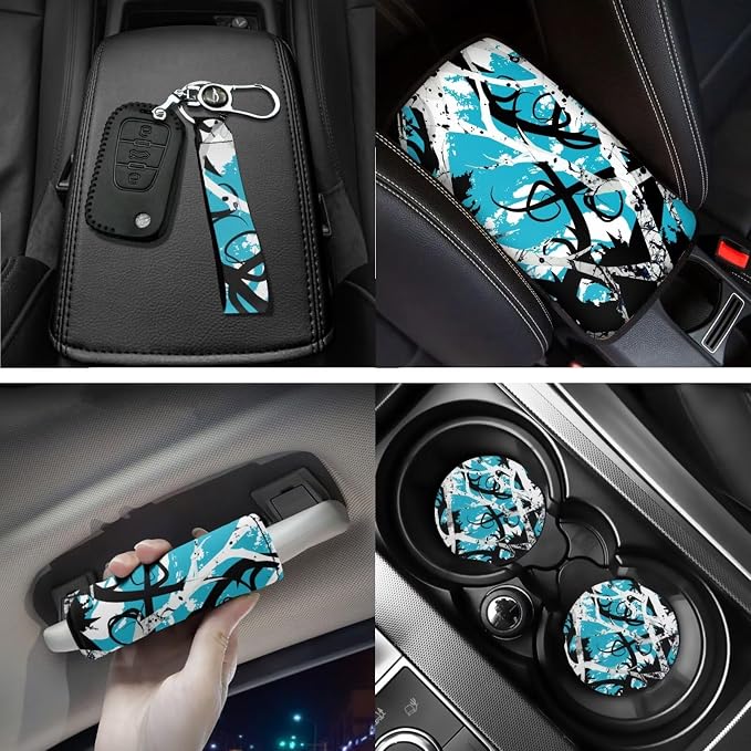 Blue Branch Design Car Interior Accessories Set of 18, Car Seat Covers Full Set with Floor Mats Steering Wheel Cover Shoulder Pads Armrest Pad Cover Roof Gloves Cup Coaster Keychain