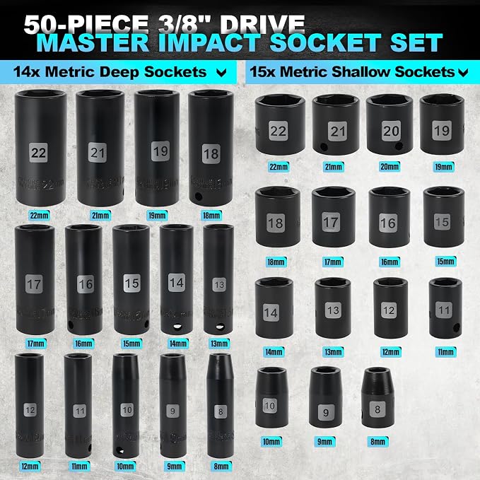 Impact Socket Set, 3/8 inch 50 Piece SAE and Metric Set, Standard SAE (5/16 to 3/4 inch) and Metric (8-22mm) 6 Point, Extension Bars, Impact Universal Joint, Adapter, Cr-V Steel