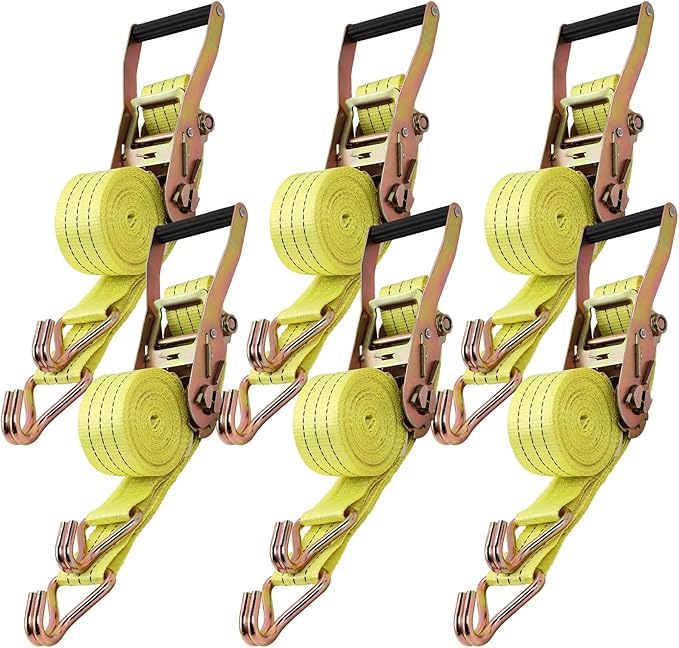6 Pack 2" x15' Ratchet Strap Tie Down 4500LB J Hook, (Pack of 6) Heavy Duty Tie-Down Ratcheting Cargo Truck Straps Wire Hook Ends, J-Hook Ratchet Strap Tie-Downs
