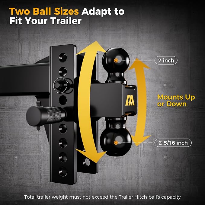 CAMMOO Adjustable Trailer Hitch, Tow Hitch Fits 2.5 inch Receiver, 6 inch Rise/Drop Hitch, 2" and 2-5/16" Ball Hitch, 22000 LBS GTW Truck Hitch with U-Shaped Alloy Steel Anti-Theft Pin, Black