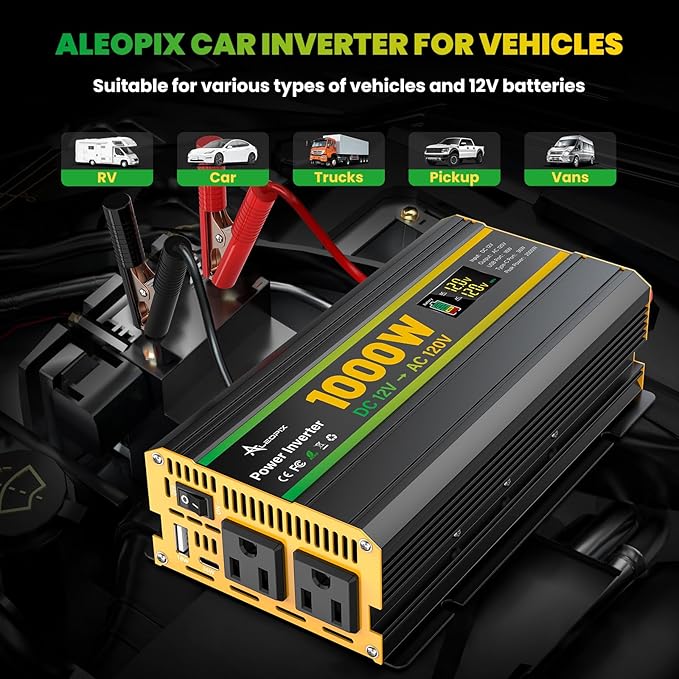 1000W Power Inverter 12V to 110V for Vehicles/Truck/Car/Laptop, 1000 Watt Car Power Inverter with Cigarette Lighter/LED Display/100A Battery Cables/2 AC Outlets/2 USB Port, Surge 2000W Car Inverter