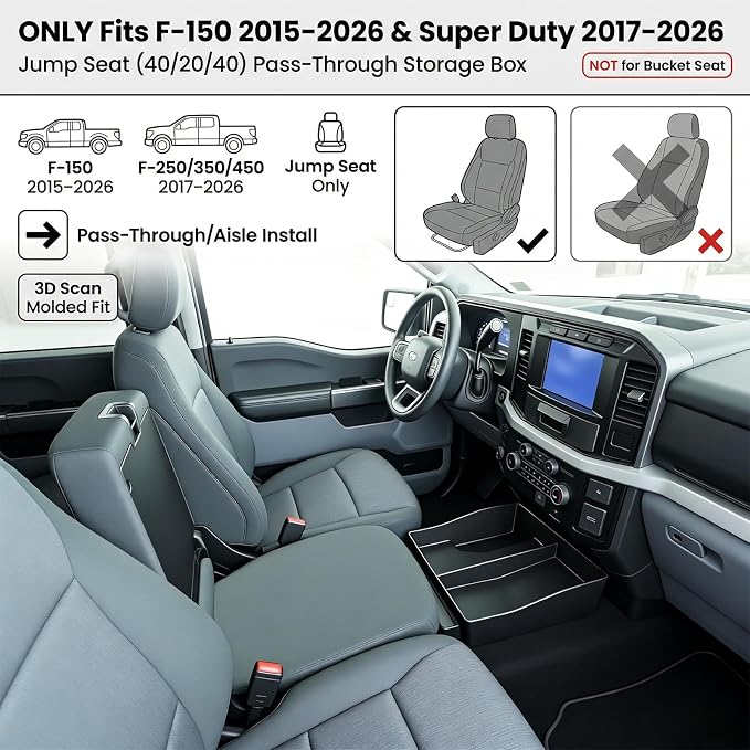 Center Console Floor Organizer for 2015-2026 Ford F150 & 2017-2026 F250 F350 F450 Super Duty Accessories, Beach Seat Front Storage Box Tray, Interior Accessories for f-150 (Jump Seat ONLY)