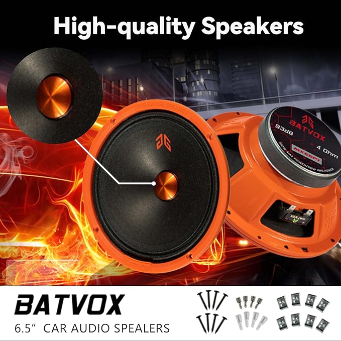 MX65P1 Loudspeaker 6.5 Inch Midrange 200 Watts 4 Ohms Orange Dust Cap, Premium Quality Audio Door Speakers for Car or Truck Stereo Sound System, Orange (2 Speakers)