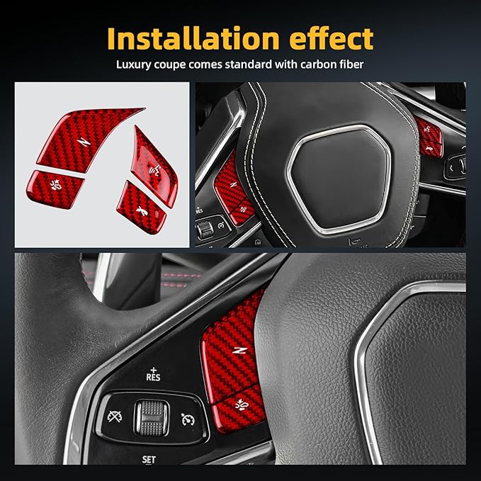 Real Carbon Fiber Steering Wheel Button Covers - 4PCS for Corvette C8 2024 2025 Carbon Fiber Accessories, Durable Anti-Scratch Protective Accessories (Without Heating Button, Red)