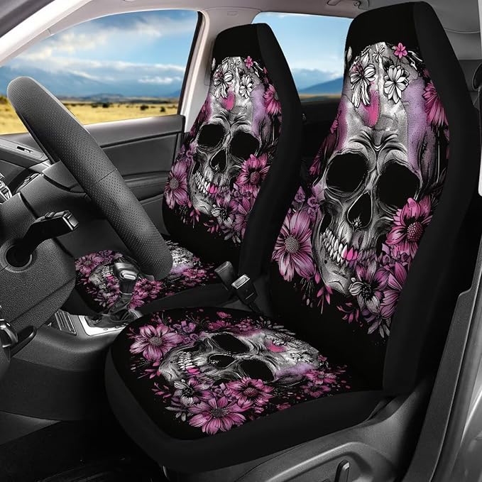 Silver Skull Pattern Auto Seat Cover Set of 13, Purple Flowers Car Front & Back Seat Cover with Steering Wheel Cover, Seat Belt Covers Cup Holder Keychain, Fit for Most Cars SUV