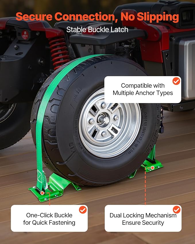 VEVOR Wheel Chock Tie-Down Kit, Chock-Style Trailer Tie Down Strap, Car Tie Down Kit with Buckle, Break Strength 4380 lbs & Working Load 1460 lbs Motorcycle System for ATVs, UTVs & Trailers