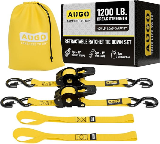 AUGO Retractable Ratchet Straps | 2 Heavy Duty Ratchet Straps Self Retractable Tie Downs with Soft Loops & Storage Bag for Motorcycle, Truck, Trailer, Cargo Van | 1200 Lb Break Strength 1” x 10’