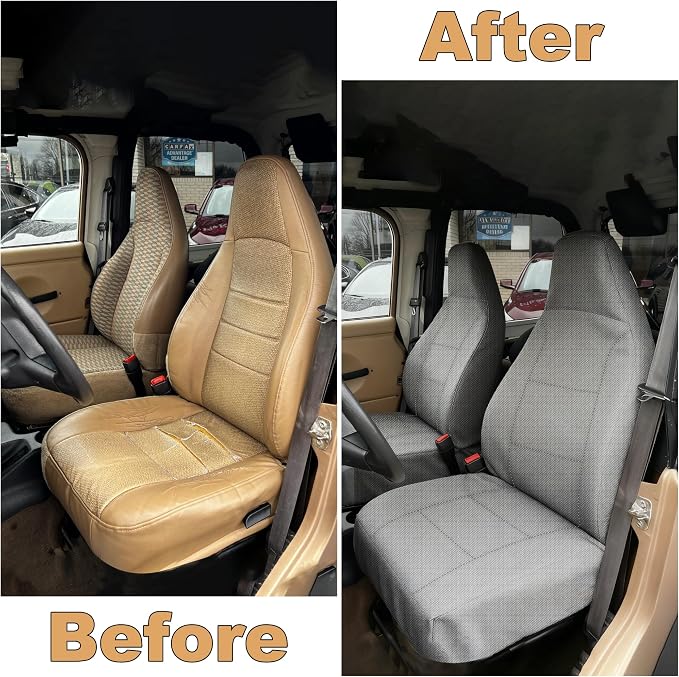 Custom Seat Covers for Jeep Wrangler TJ 1997 1998 1999 2000 2001 2002 Heavy Duty Cloth Protector Interior Accessories，Waterproof & Machine Washable, Foam Padded - Gray（Front & Rear）