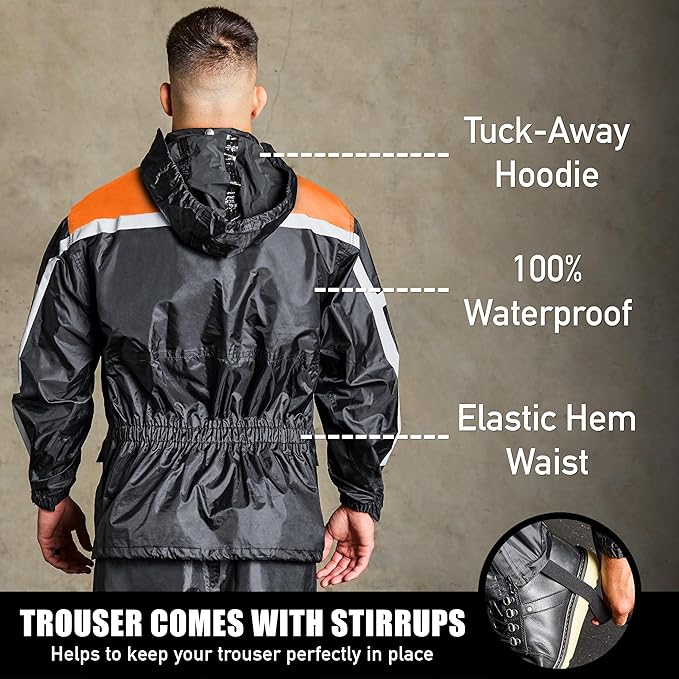 Waterproof Motorcycle Rain Suit, 2-Piece Reflective Gear, Lightweight Riding Jacket & Pants, Protective Raincoat with Hoodie