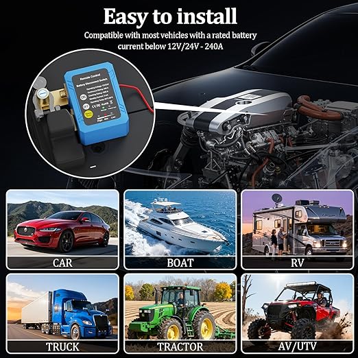 Remote Battery Disconnect Switch 12V, 240A, Kill Switch for Car Prevent Battery Drain, Anti-Theft Battery Cut Off Switch with Protect Cover, Voltage Protection to Prevent Drain for Auto, RV, Truck