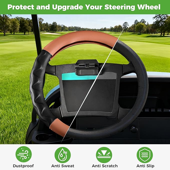 10L0L Golf Cart 14" Steering Wheel Cover for Club Car DS Precedent and Yamaha Models, Breathable Rubber Leather Materials,Good Texture Nice Look（Black+Brown）