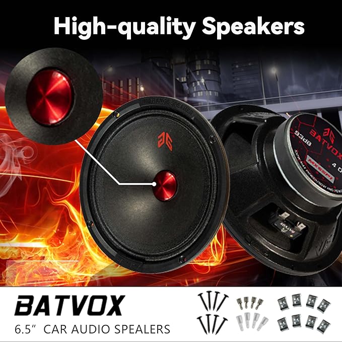 MX65P1 Loudspeaker 6.5 Inch Midrange 200 Watts 4 Ohms Red Dust Cap, Premium Quality Audio Door Speakers for Car or Truck Stereo Sound System, Black (2 Speakers)