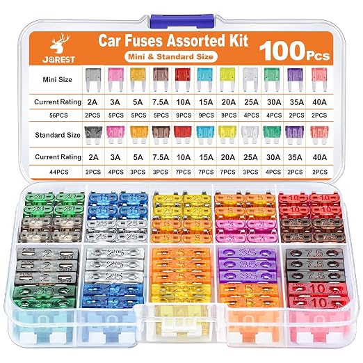 JOREST 100Pcs Car Fuse Assortment Kit, 56 Mini Blade Fuses Automotive + 44 Standard Auto Fuses + 1 Fuse Puller – for Car/RV/Truck/Motorcycle/Boat (2Amp 3A 5A 7.5A 10A 15A 20A 25A 30A 35A 40A)