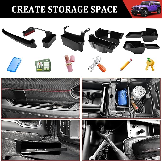 Center Console Organizer for 2018-2023 Jeep Wrangler JL JLU 4XE Gear Shift Console Side Tray Trunk Organizer Hanging Armrest Storage Box for Wrangler Accessories(18-23 5-piece, Not Gladiator)