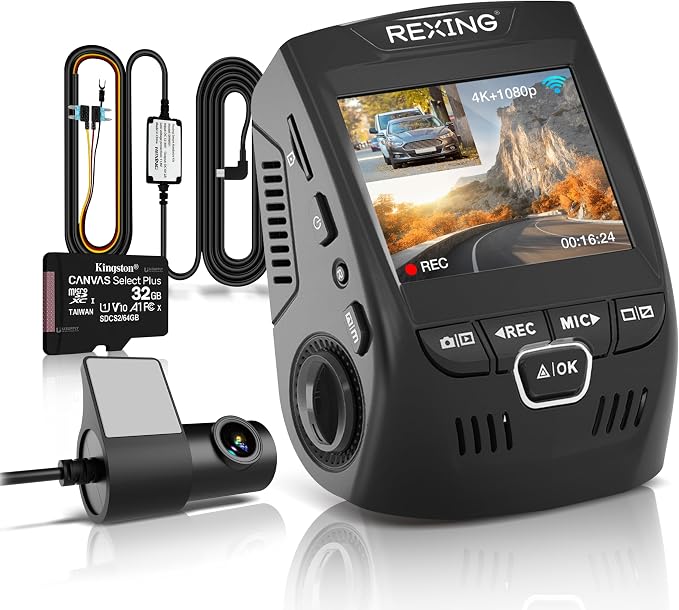 RexingUSA V1P 4K Dual Dash Cam, 4K+1080P Front & Rear, Wi-Fi, 2.4” LCD, 170° Wide Angle, Supercapacitor, G-Sensor, WDR, Loop Recording, App, 32GB Card & Hardwire Kit
