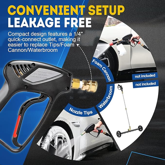 TOOLCY Pro Short Pressure Washer Gun 5000 PSI with 360° Swivel,3/8" Quick Connect Inlet, High Pressure Washer Gun with 1/4" Quick Connect Outlet, Includes 3/8" QC to M22-14mm Adapter & 5 Nozzle Tips