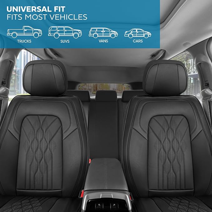 MotorBox Haven Series Napa Leather Seat Covers for Cars, Front Seat Covers, Mosaic Stitch Edition - Soft PU Leather Black Car Seat Covers for Cars Trucks SUVs, Front Seats Only